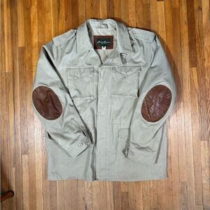Eddie Bauer Jacket Mens XLarge Beige Leather Patch Explorer Cloth Chore Cotton